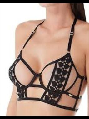 Bluebella Black Strappy Lace Cutout Bralette with Geometric Panels